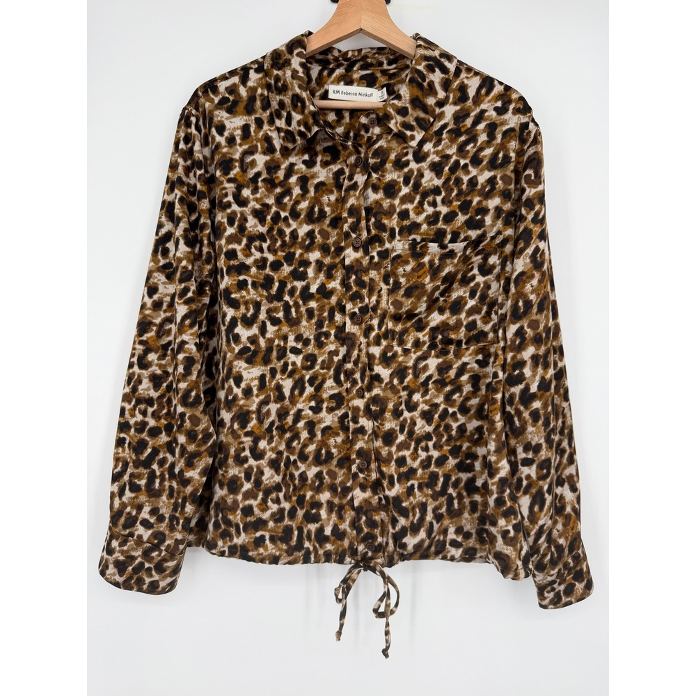Rebecca Minkoff Women's Leopard Animal Print Satin Button Up Blouse Top Size 1X